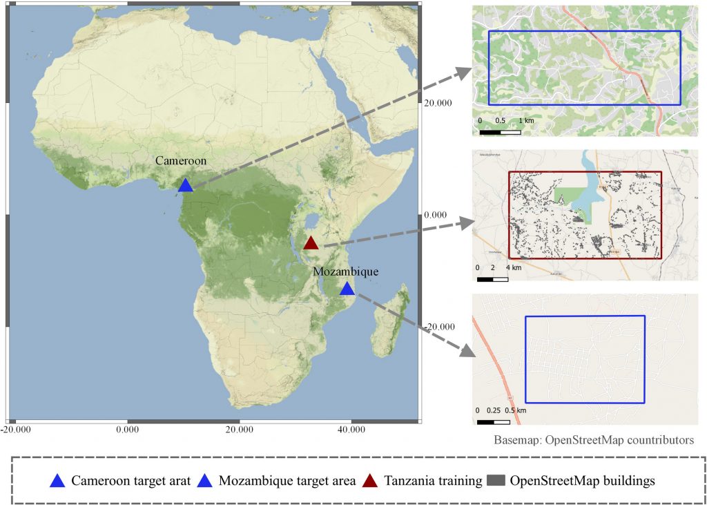 Figure 3 from paper: Maps of study areas: (1) the Tanzania training area for the base model (well-mapped in OSM); and (2)-(3) the target areas in Cameroon and Mozambique (completely missing in OSM).
