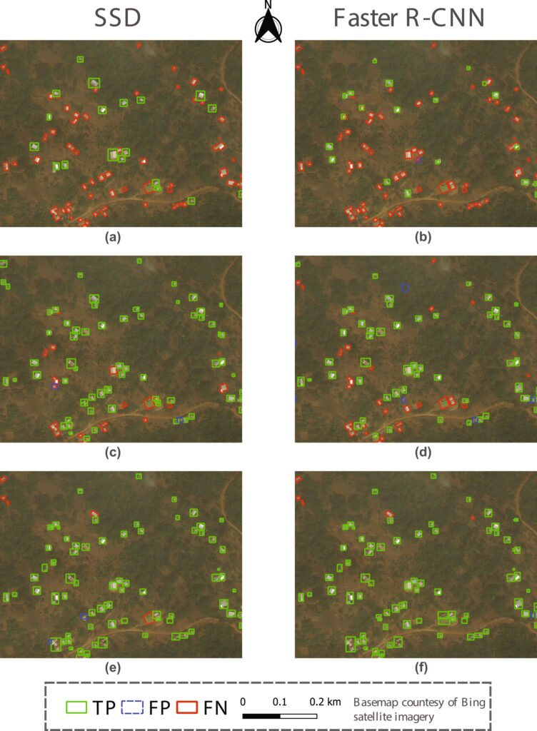 FIGURE 5 from paper: Instance-based building detection results in Mozambique. SSD: (a) the base model; (c) the FSTL model with one shot; (e) the FSTL model with 50 shots. Faster R-CNN: (b) the base model; (d) the FSTL model with one shot; (f) the FSTL model with 50 shots; and (g) the Google Open Building layer. TP refers to correctly detected building instances; FP refers to building instances detected by ML models which did not exist in the reference layer; FN denotes those building instances mapped in the reference layer but not captured by our ML models