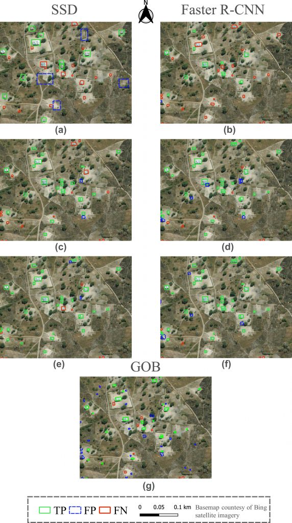 Figure 4 from paper: Instance-based building detection results in Cameroon. SSD: (a) the base model; (c) the FSTL model with one shot; (e) the FSTL model with 50 shots. Faster R-CNN: (b) the base model; (d) the FSTL model with one shot; and (f) the FSTL model with 50 shots. TP refers to correctly detected building instances; FP refers to building instances detected by ML models which did not exist in the reference layer; FN denotes those building instances mapped in the reference layer but not captured by our ML models