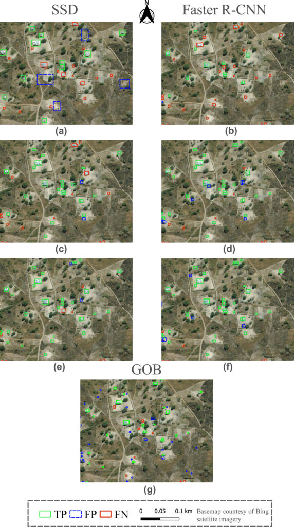 Figure 4 from paper: Instance-based building detection results in Cameroon. SSD: (a) the base model; (c) the FSTL model with one shot; (e) the FSTL model with 50 shots. Faster R-CNN: (b) the base model; (d) the FSTL model with one shot; and (f) the FSTL model with 50 shots. TP refers to correctly detected building instances; FP refers to building instances detected by ML models which did not exist in the reference layer; FN denotes those building instances mapped in the reference layer but not captured by our ML models