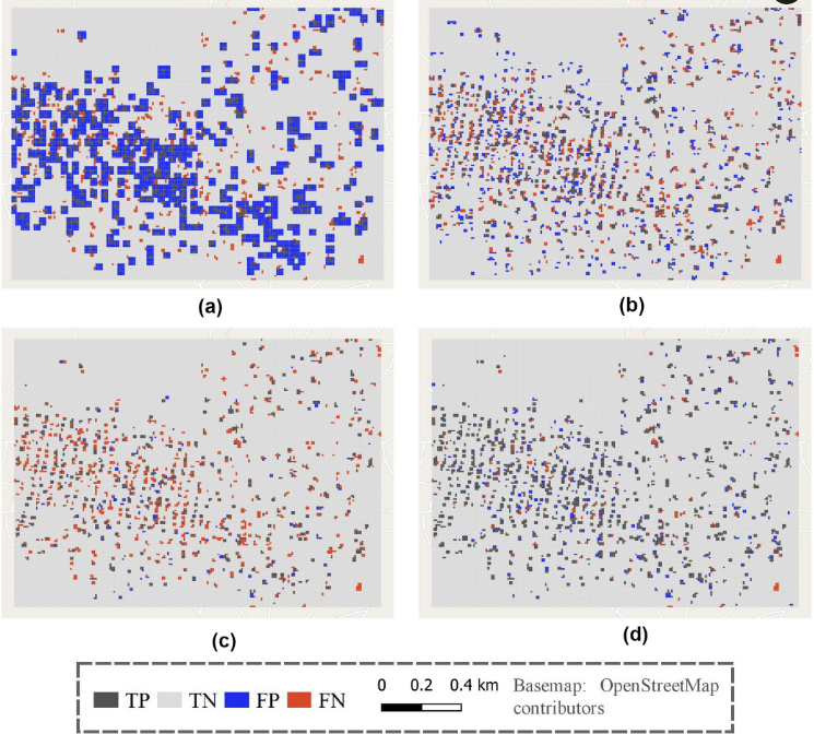 Figure 7: Classification maps of OSM missing building detection in Mozambique: (a) The HRSL layer; (b) the GOB layer; (c) the Faster R-CNN base model; and (d) the Faster R-CNN FSTL model with fifty shots, so called the DeepVGI layer