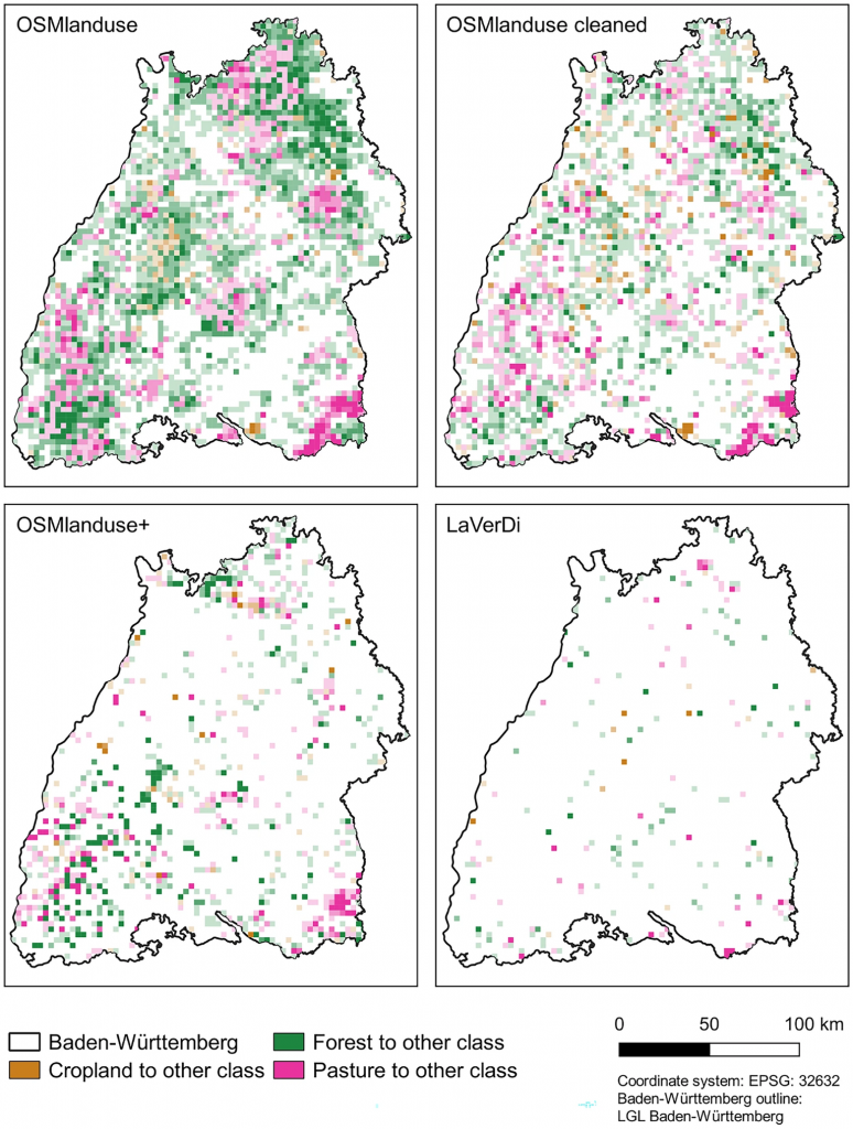 Figure 2. LULCC in Baden-Württemberg derived with the four different LULCC methods per 3 x 3 km grid cell. Each grid cell is colored by the dominant LULCC type. Grid cells with a larger LULCC area are indicated by a darker (less transparent) color value.