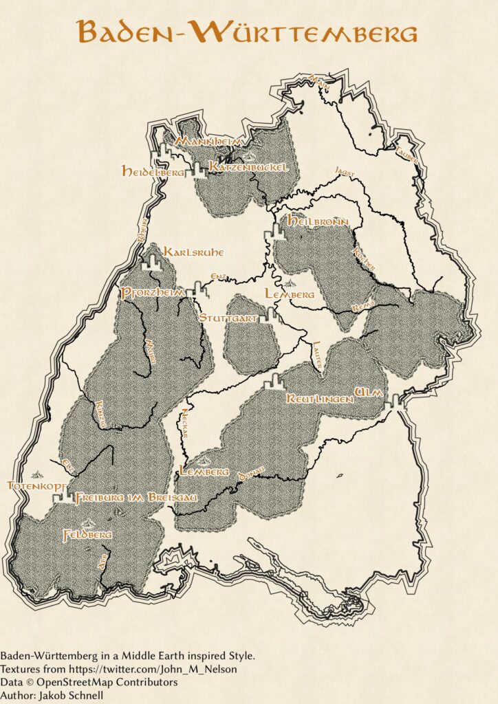 A map of Baden-Württemberg inspired by J.R.R. Tolkien's Middle Earth, Jakob Schnell's submission to Day 24 (Fantasy) of the #30DayMapChallenge.