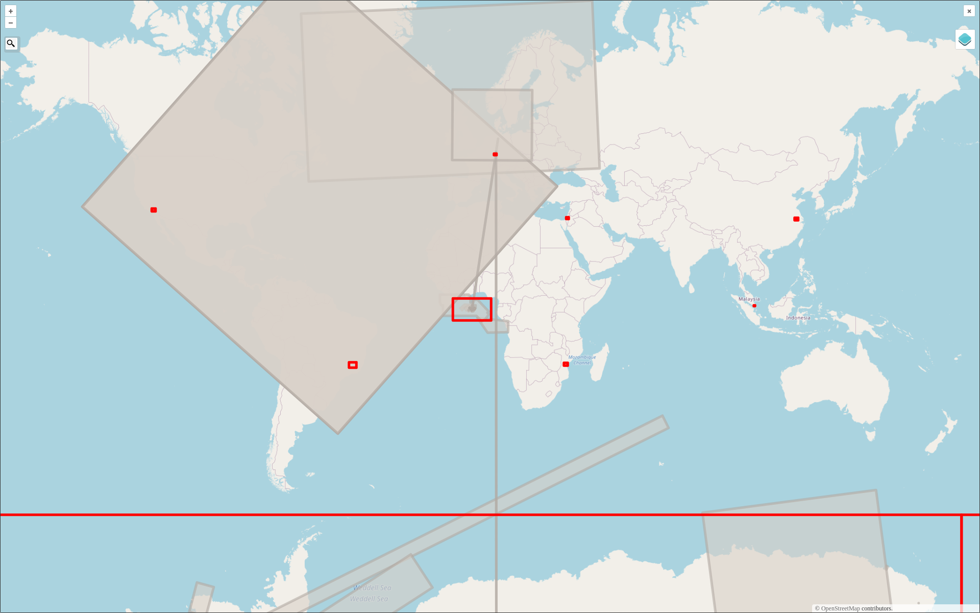 The deleted map: It displays all deleted elements withing the analysed areas (red). Gray rectangles are deleted buildings.