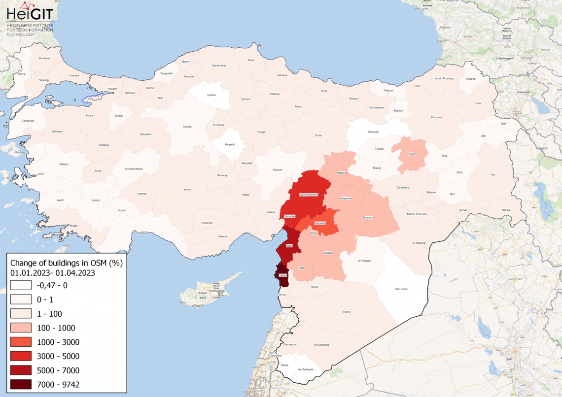Percent change in each province of Turkey and Syria of buildings in OSM. Data from OpenStreetMap, visualized using QGIS from the ohsome API.