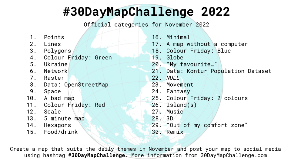 A listing of last year’s prompts from Topi Tjukanov’s Twitter event #30DayMapChallenge.