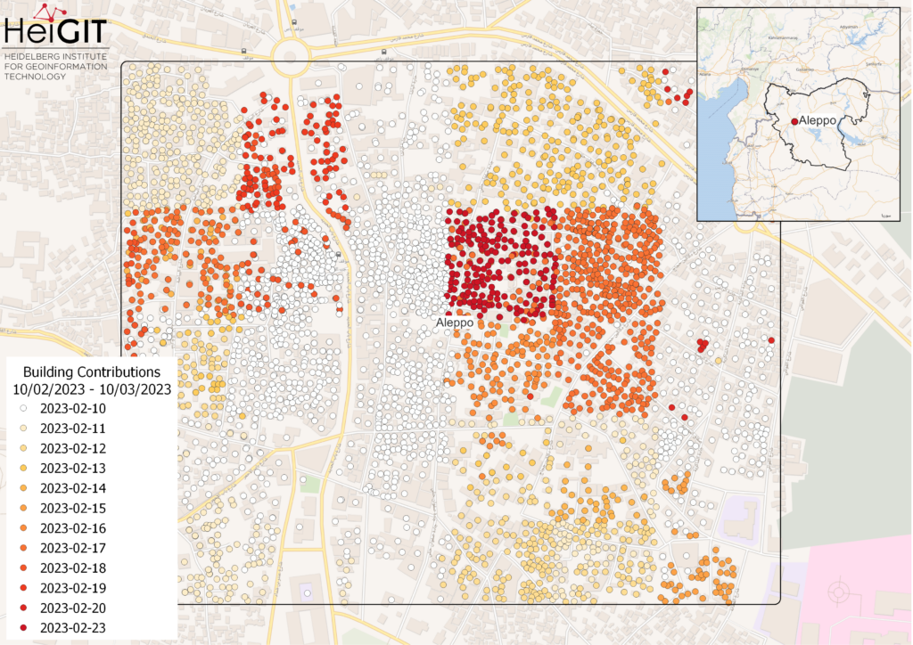 Map of building contributions created using the Data extraction – elements - centroid feature in QGIS. Data from OpenStreetMap, visualized using the ohsome API.