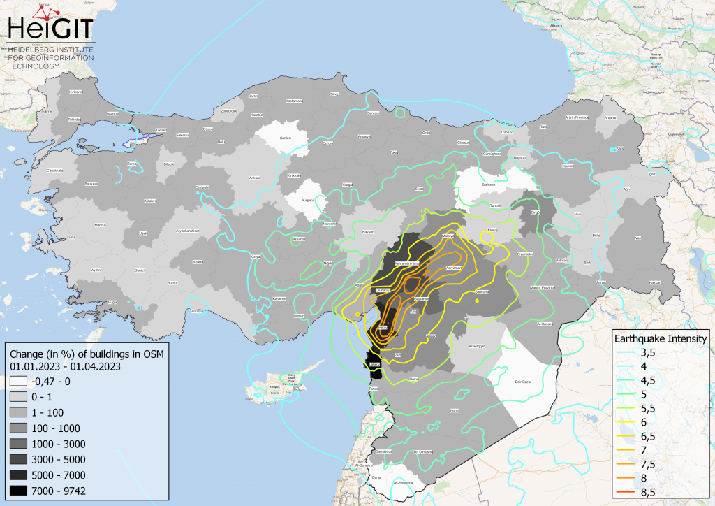 Percent change in each province of Turkey and Syria of buildings in OSM. Data from OpenStreetMap, visualized using QGIS and the ohsome API plugin.