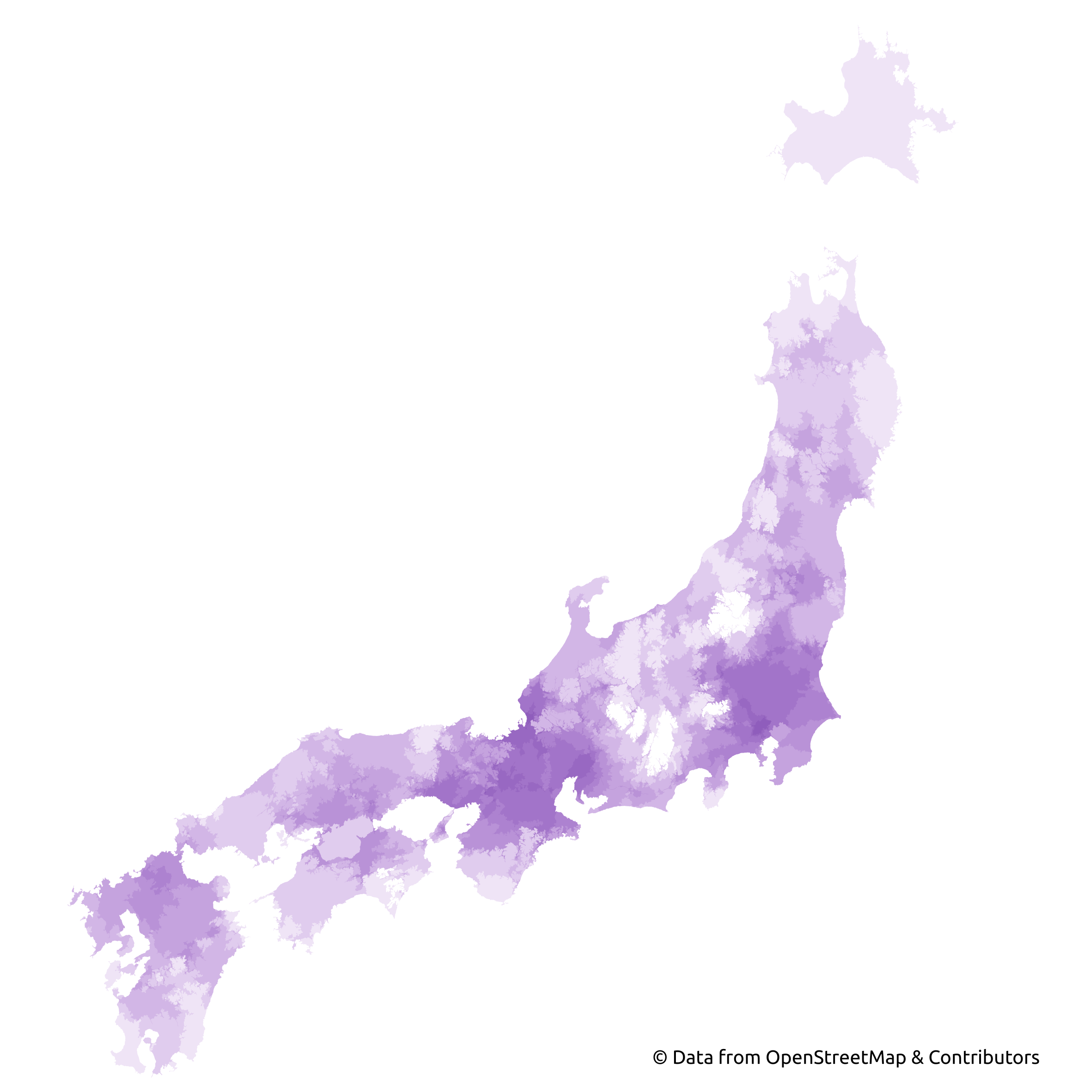 Isochrones (areas reachable within 2 hours from larger Japanese cities) by HeiGIT’s openrouteservice for bigger cities on the main islands of Japan, Marcel Reinmuth’s submission for Day 3 (“Polygons”) of Topi Tjukanov’s Twitter event #30DayMapChallenge. Map derived from OpenStreetMap data.
