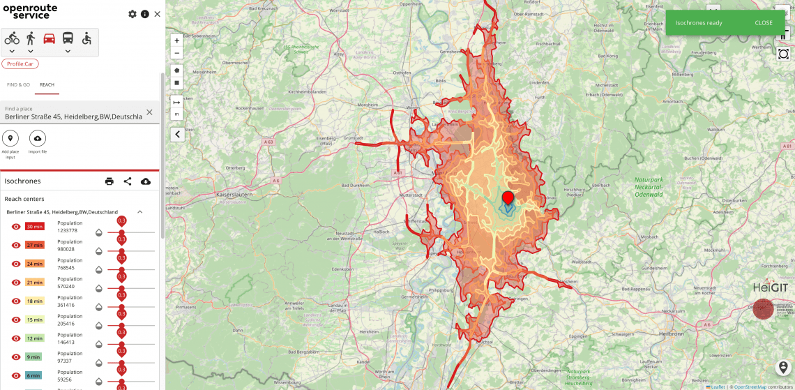 example of isochrones in Heidelberg