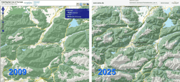 before and after of a map of Garmisch-Partenkirchen, Germany (2009 vs 2025)