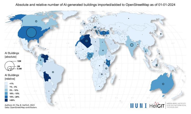 Absolute and relative number of AI-generated buildings added to OpenStreetMap as of 1.01.2024