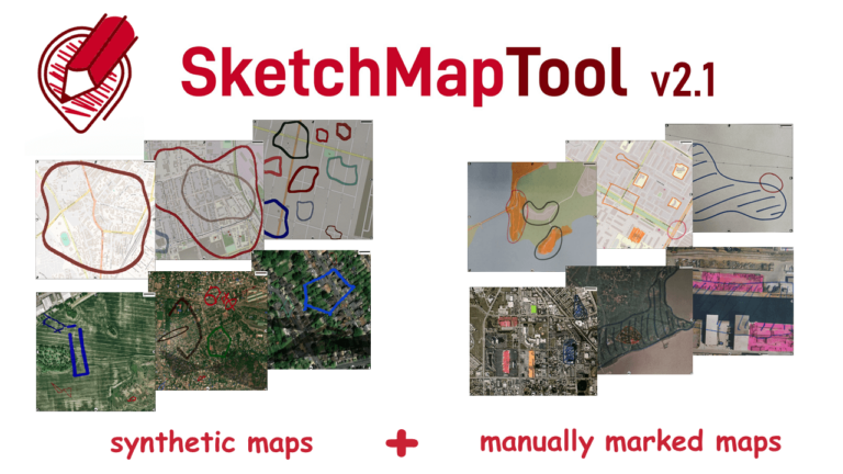 A visualization of showing the Sketch Map Tool machine learning model detecting sketches on manually-drawn sketches and on synthetics maps