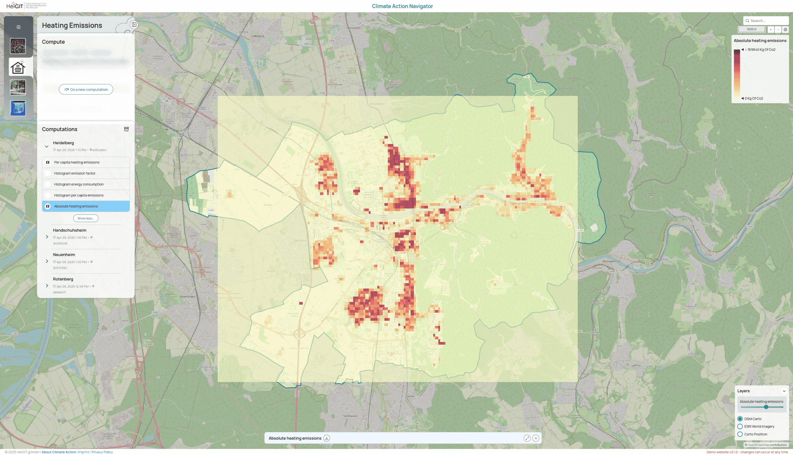 map of Heidelberg showing the absolute residential heating emissions