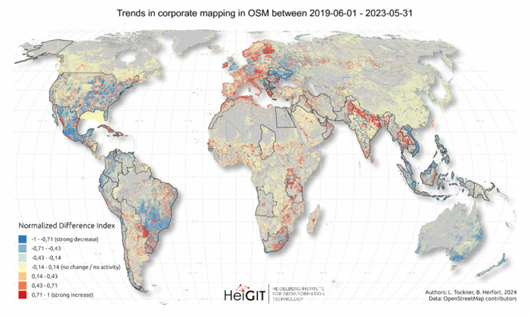 world map showing trends in corporate mapping in OSM between 2019-06-01 and 2023-05-31