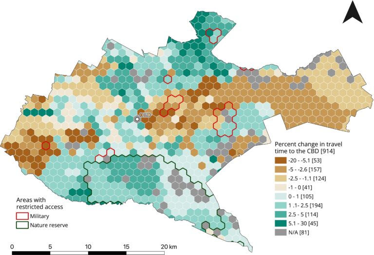 map showing Nairobi's percent change in travel time to the CBD
