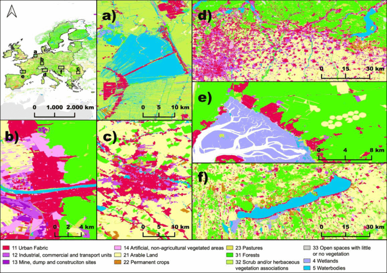 Map facets highlighting the OSMlanduse details and suitability for various landscapes a) inland water in Utrecht province, b) city of Heidelberg, c) metropolitan area of Bucharest, d) Po valley and Millan, e) wetlands river estuary, close to Bordeaux f) lake Balaton close to Siófok