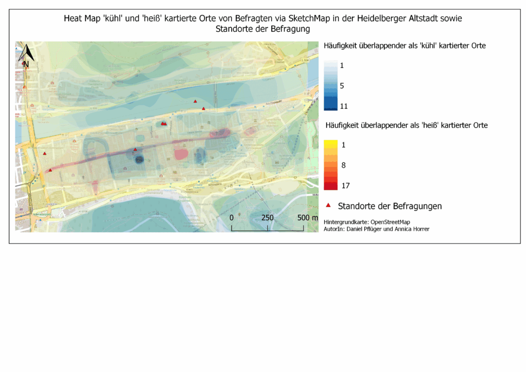 Heat Map "kühl" und "heiß" kartierte Orte von Befragten via SketchMap in der Heidelberger Altstadt sowie Standorte der Befragung
