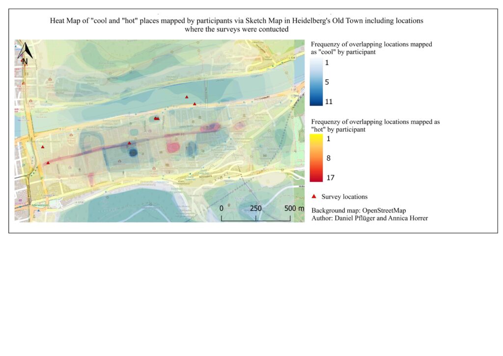 Heat Map of "cool" and "hot" places mapped by participants via Sketch Map in Heidelberg's Old Town including locations where the surveys were conducted