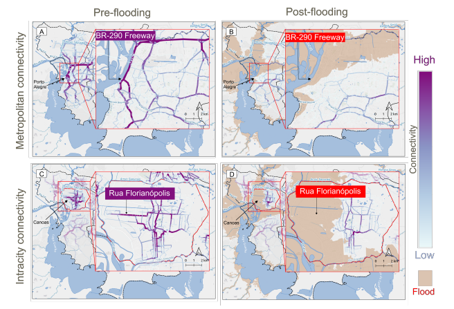 The image shows changes in the road connectivity identifying roads with high edge betweenness centrality values as urban arteries.