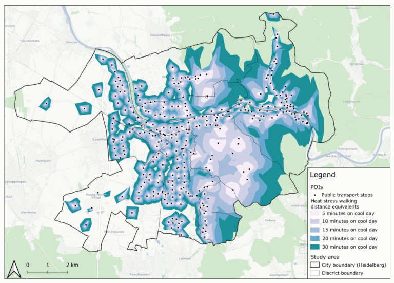 Areas accessible for different heat stress walking distance equivalents.