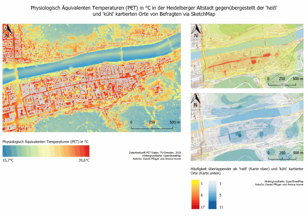 Physiologisch Äquivalente Temperaturen (PET) in °C in der Heidelberger Altstadt gegenübergestellt der "heiß" und "kühl" kartierten Orte von Befragten via SketchMap