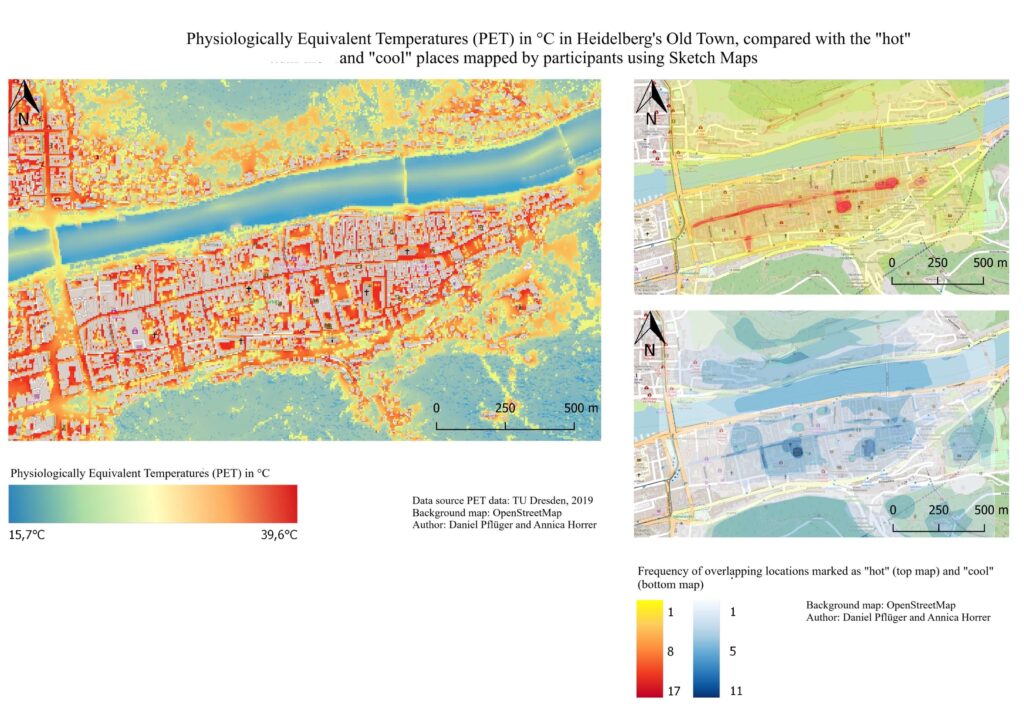 Physiologically Equivalent Temperatures (PET) in °C Heidelberg's Old Town, compared with the "hot" and "cool" places mapped by participants using Sketch Maps