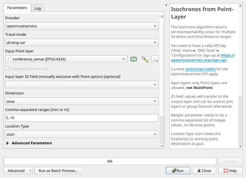 The Isochrones from Point-Layer user interface