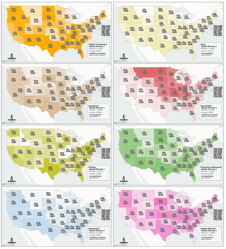 maps of the US showing Chatterjee's rank correlation for each geo-social media topic for mainland US states