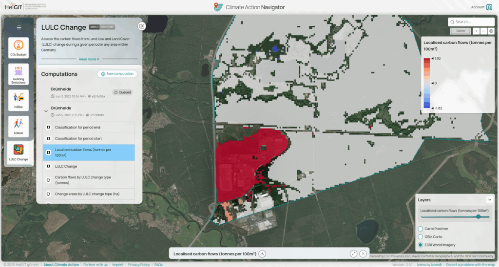 screenshot of the Climate Action Navigator dashboard showing LULC Change in Grünheide, Germany