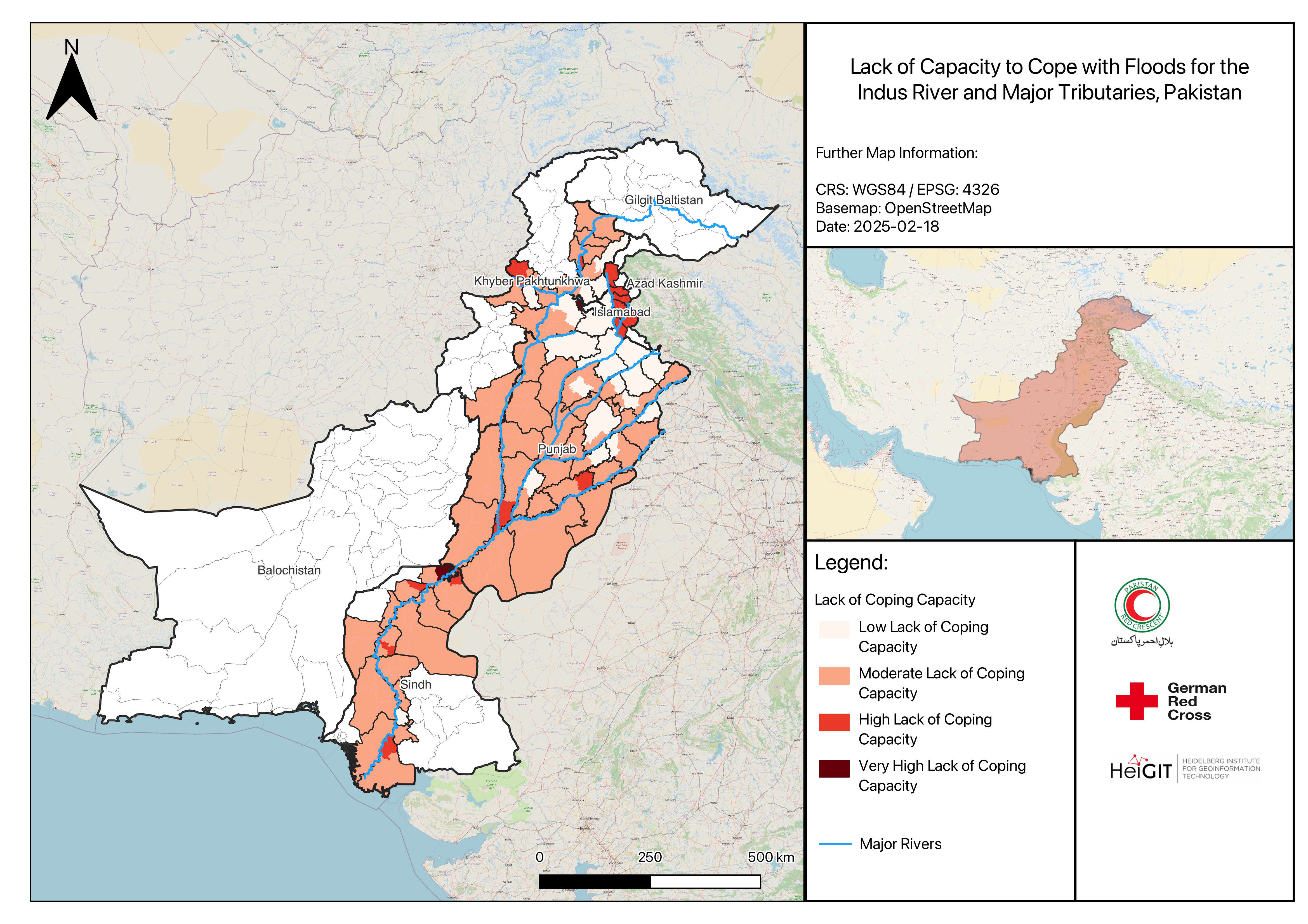 Example of the Risk Assessment with the QGIS plugin: map showing the Lack of Capacity to cope with floods within the Indus river basin in Pakistan