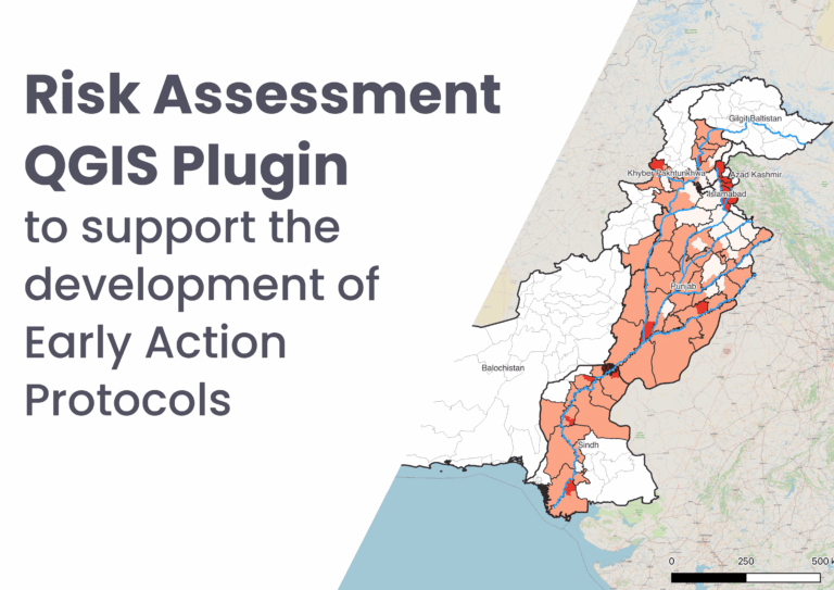 Text: Risk Assessment QGIS Plugin to support the development of Early Action Protocols Map: Example of the Risk Assessment with the QGIS plugin: map showing the Lack of Capacity to cope with floods within the Indus river basin in Pakistan