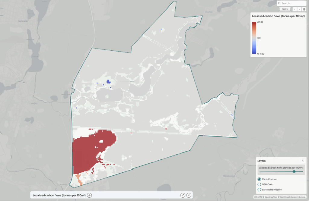 the screenshot of the Climate Action Navigator. The image shows Localised carbon flows (tonnes per 100m²)