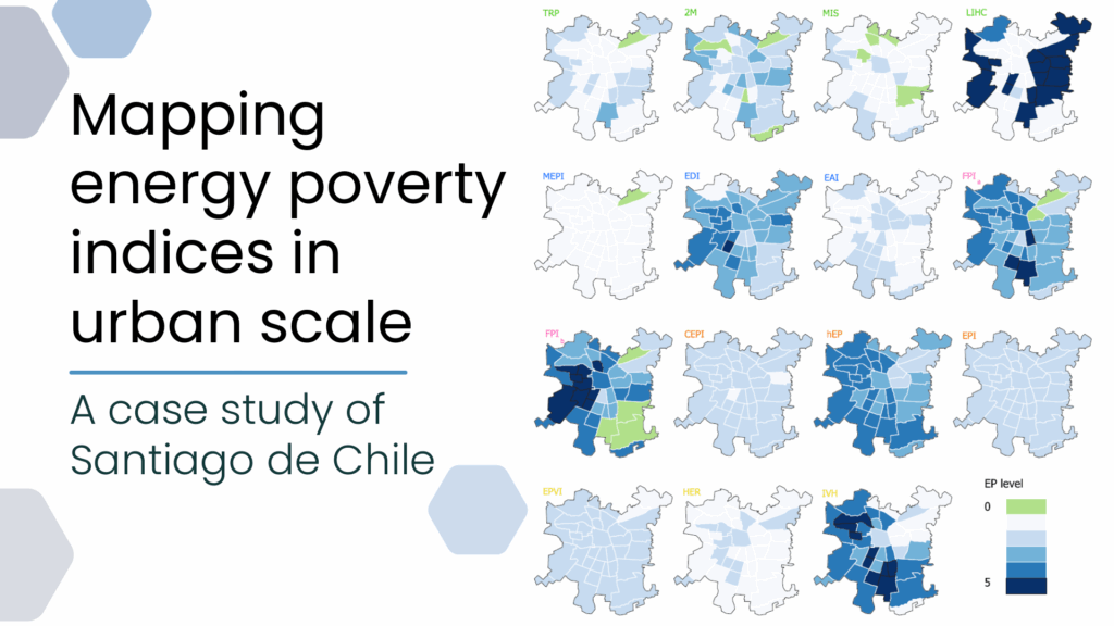Map series showing energy poverty indices across Santiago de Chile at urban scale, with varying shades indicating levels from 0 to 5