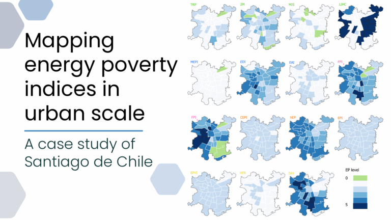 Map series showing energy poverty indices across Santiago de Chile at urban scale, with varying shades indicating levels from 0 to 5
