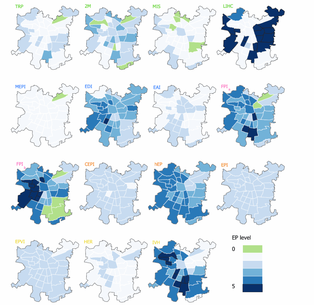 A grid of colored maps shows different EP level distributions across city districts, with a color legend from light (level 0) to dark blue (level 5) in the bottom right.