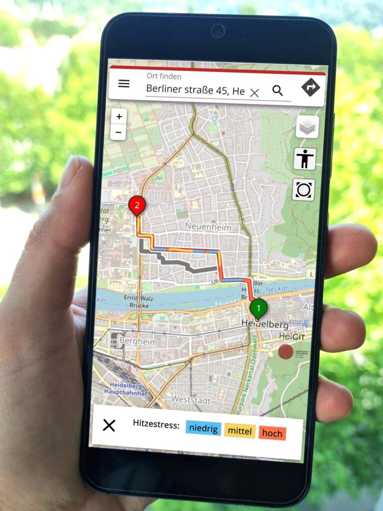 Die HEAL-App zeigt eine Route in Heidelberg auf einem Smartphone-Bildschirm