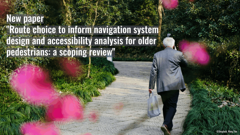 Older man walking on a paved path in a park carrying a plastic bag, with text about a new paper on route choice and navigation system design for older pedestrians