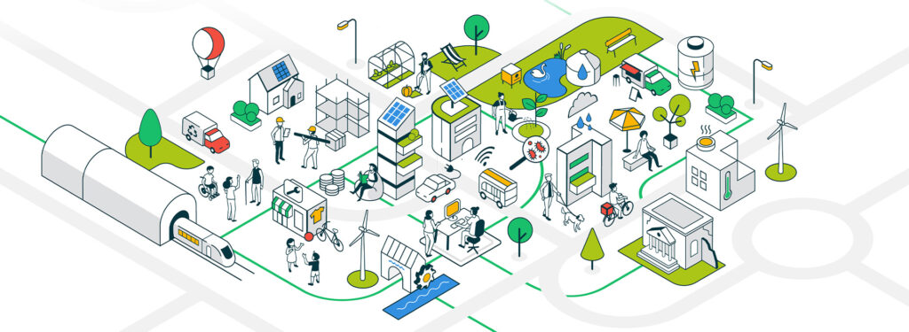 Illustration of a modern city with people walking, biking, and working. The scene includes solar panels, wind turbines, electric vehicles, public transport, trees, a pond, greenhouses, and buildings. A train exits a tunnel, and a hot air balloon floats above.