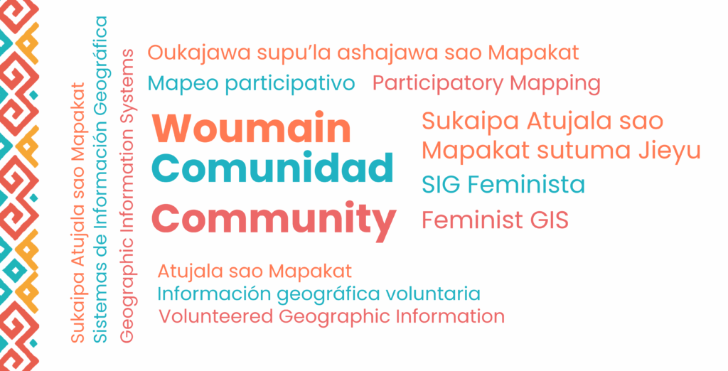 Wortwolke der Teilnehmenden; hervorgehobene Begriffe "Woumain", "Comunidad", "Community"