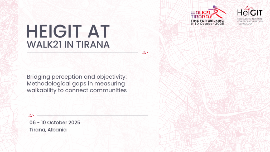 Event titled 'HEIGIT AT WALK21 IN TIRANA' about measuring walkability, held 6-10 October 2025 in Tirana, Albania, with logos of WALK21 Tirana and HeiGIT.