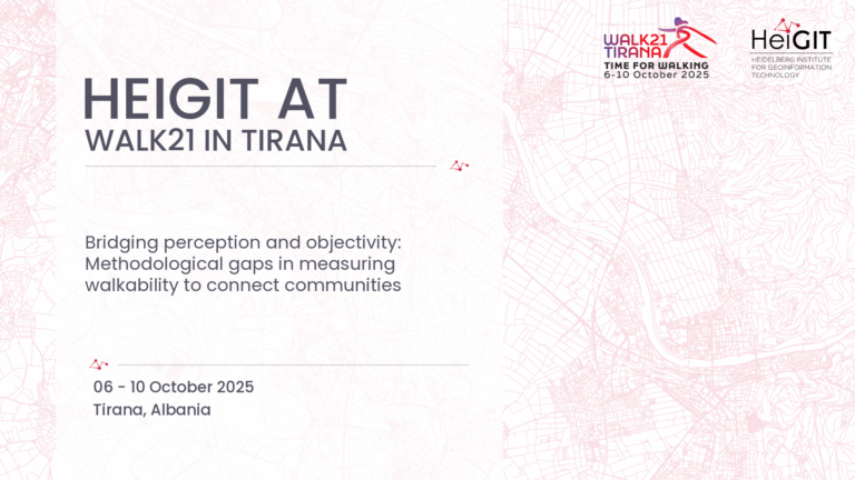 Event titled 'HEIGIT AT WALK21 IN TIRANA' about measuring walkability, held 6-10 October 2025 in Tirana, Albania, with logos of WALK21 Tirana and HeiGIT.