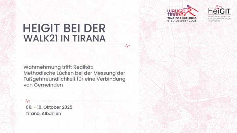 Titel 'HEIGIT BEI DER WALK21 IN TIRANA' mit Untertitel zu methodischen Lücken bei der Messung der Fußgängerfreundlichkeit, Datum 6. bis 10. Oktober 2025, Ort Tirana, Albanien, vor einem Stadtplanhintergrund.