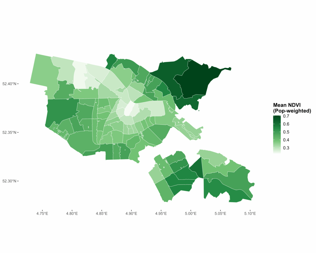 Choropleth map showing Mean NDVI (Population-weighted) across various regions. Darker green indicates higher NDVI values, ranging from 0.3 to 0.7.