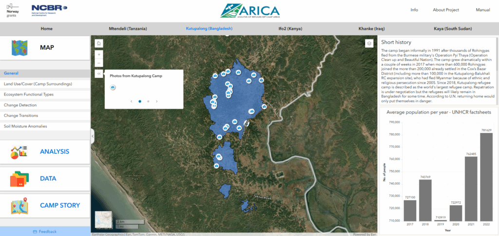 Screenshot of the ARICA platform showing a map of the Kutupalong Capm.
