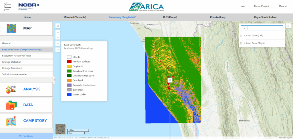 Screenshot of the ACIRA platform showing a Land Use/Cover map of the Kutupalong camp.