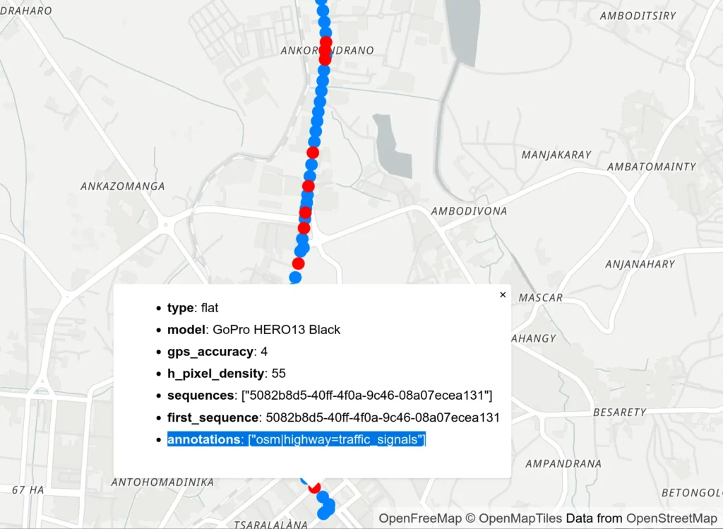Map section with a vertical line of alternating red and blue dots near Ankoro Andrano, showing a pop-up box listing GoPro HERO13 Black camera details and annotation 'osm|highway=traffic_signals'.