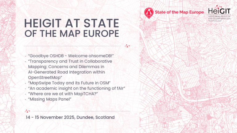 Map background with text listing topics for HEIGIT at State of the Map Europe event, including AI-generated road integration and collaborative mapping, dated 14-15 November 2025, Dundee, Scotland.