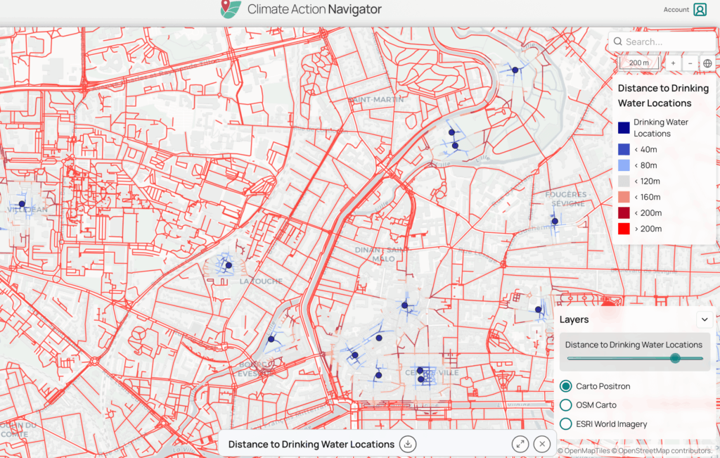 Kartenausschnitt mit Straßen in Rot und Markierungen für Trinkwasserstandorte in verschiedenen Blautönen, Legende zeigt Entfernungen bis über 200 Mete
