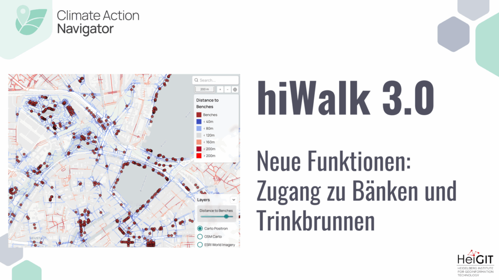 Kartenausschnitt mit Markierungen für Bänke und Trinkbrunnen, Text 'hiWalk 3.0 Neue Funktionen: Zugang zu Bänken und Trinkbrunnen'